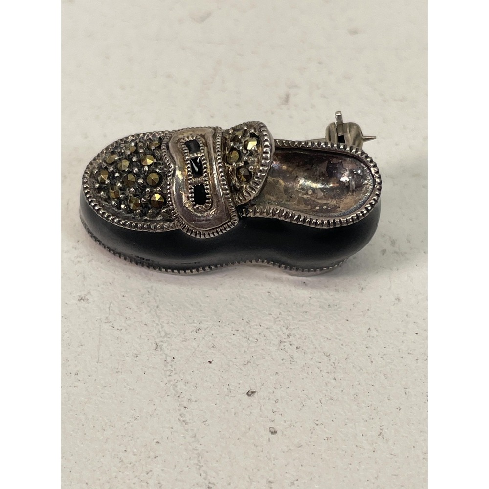 Sterling Silver Shoe Brooch Black Enamel Marcasite Gray Stone Vintage Pin
